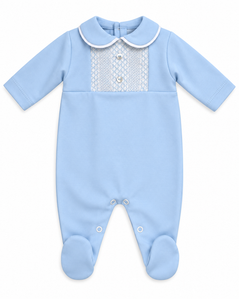 Baby Boys Blue Smocked Collar Sleepsuit | Traditional Newborn Outfit