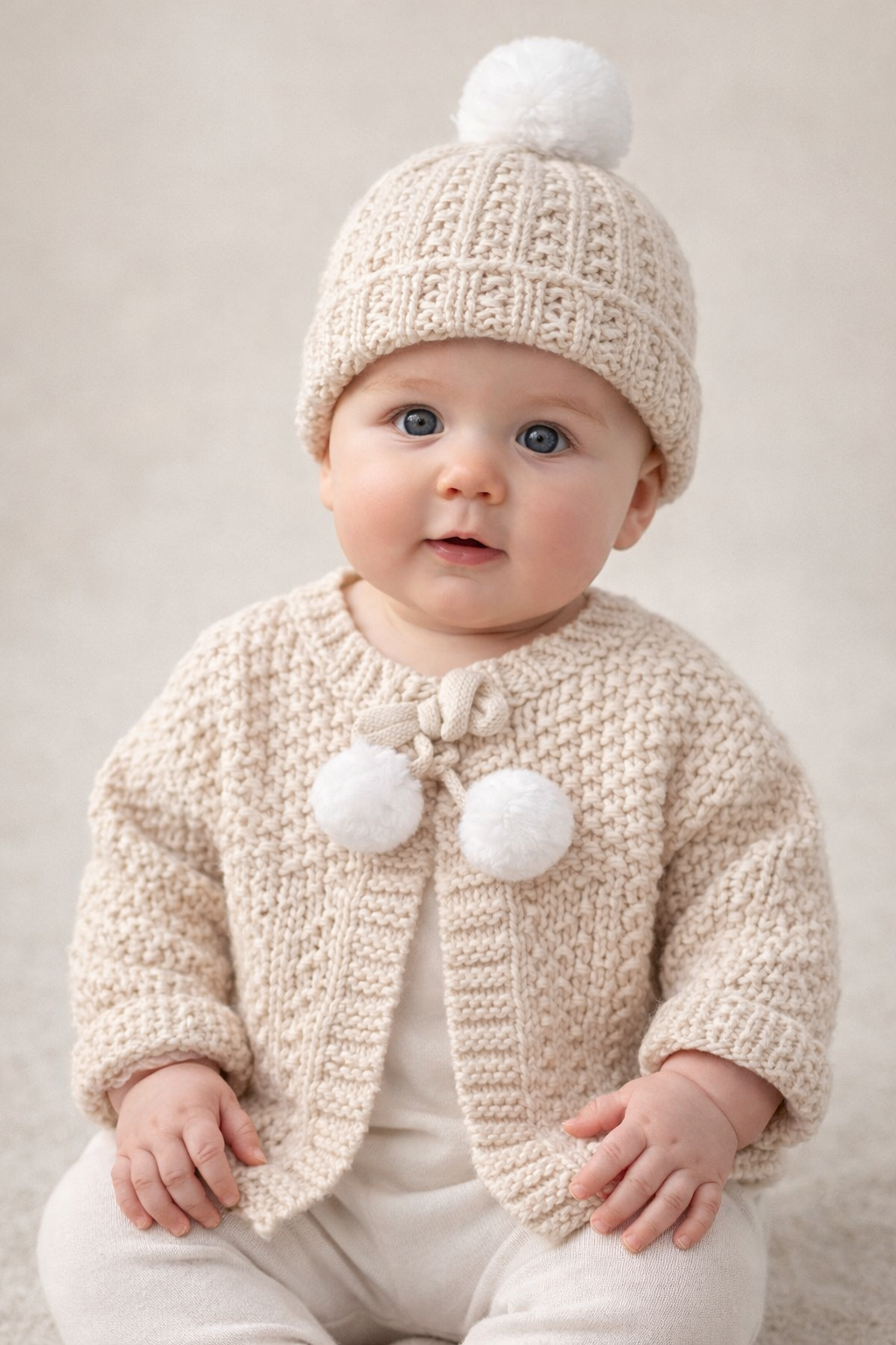 Hand-Knitted Baby pom Cardigan & Hat Set - Taupe – Gillytots Children’s ...