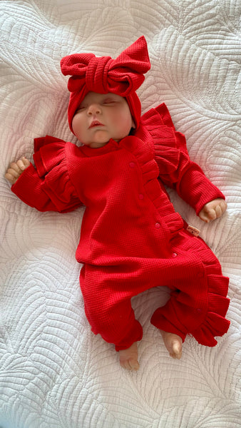 Ruffled Red Waffle-Knit Baby Romper with Bow Headband