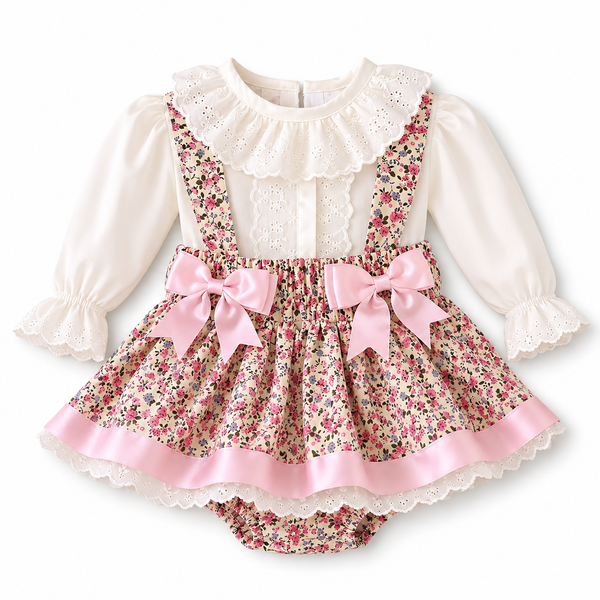Baby Girls Vintage Floral Pinafore Dress & Lace Blouse Set – Pink