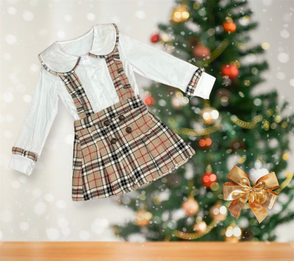 Girls Check Tartan Pinafore Set - Beige