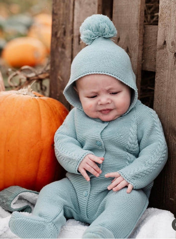 Knitted All in One  pram suit  olive green