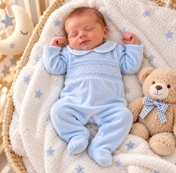Baby Blue Smocked Velour Sleepsuit with Peter Pan Collar