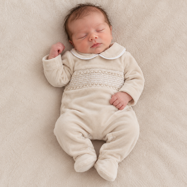 Beige Smocked Velour Baby All-in-One Sleepsuit