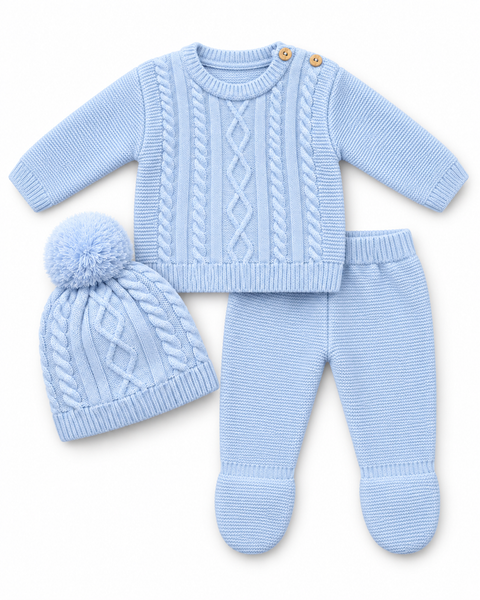Baby Blue Cable Knit 3 Piece Newborn Outfit Set