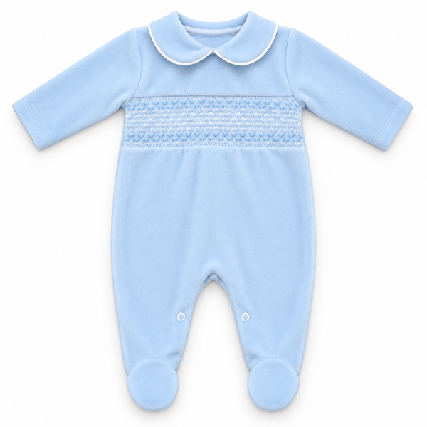 Baby Blue Smocked Velour Sleepsuit with Peter Pan Collar