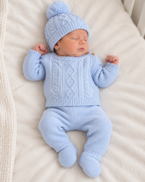 Baby Blue Cable Knit 3 Piece Newborn Outfit Set