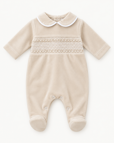 Beige Smocked Velour Baby All-in-One Sleepsuit