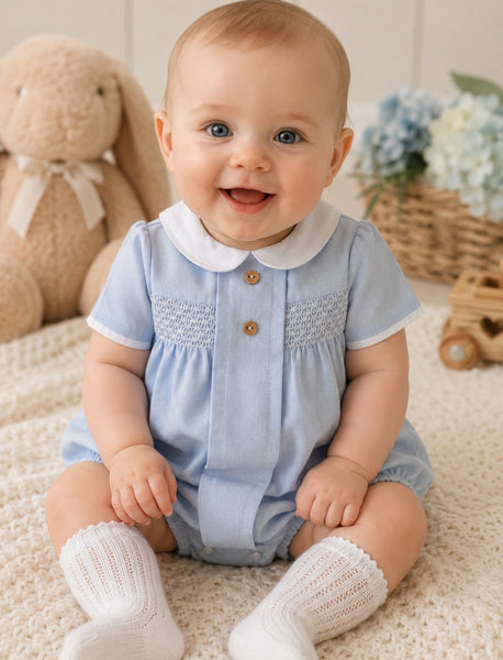 Baby Boys Powder Blue Smocked Romper – Traditional Peter Pan Collar Outfit
