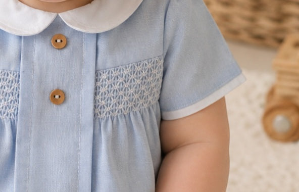 Baby Boys Powder Blue Smocked Romper – Traditional Peter Pan Collar Outfit