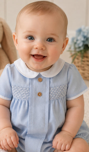 Baby Boys Powder Blue Smocked Romper – Traditional Peter Pan Collar Outfit