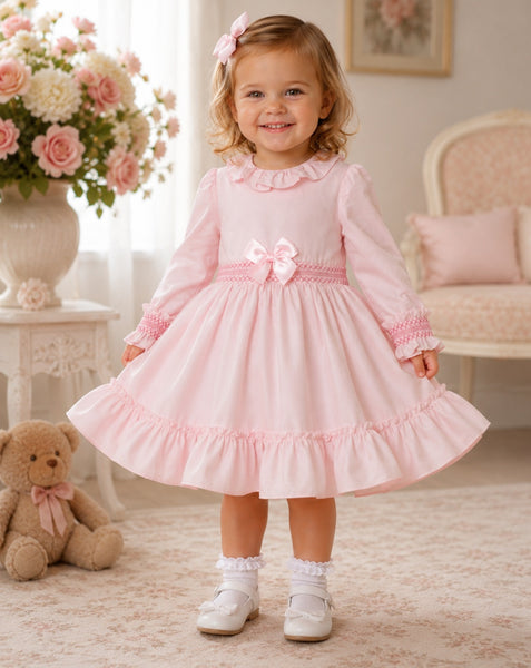 Baby Girls Pink Smocked Bow Frill Dress | Long Sleeve Cotton Dress