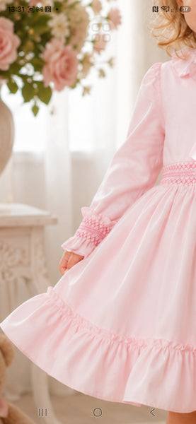 Baby Girls Pink Smocked Bow Frill Dress | Long Sleeve Cotton Dress