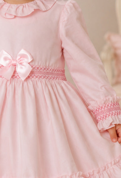 Baby Girls Pink Smocked Bow Frill Dress | Long Sleeve Cotton Dress