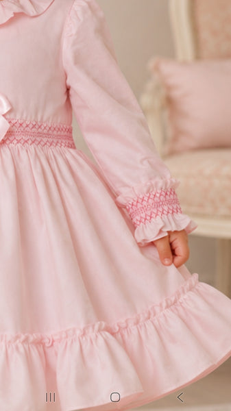 Baby Girls Pink Smocked Bow Frill Dress | Long Sleeve Cotton Dress