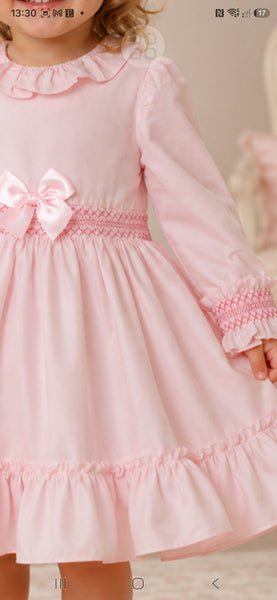 Baby Girls Pink Smocked Bow Frill Dress | Long Sleeve Cotton Dress