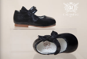 caramelo kids black patent side bow leather hard sole shoes 