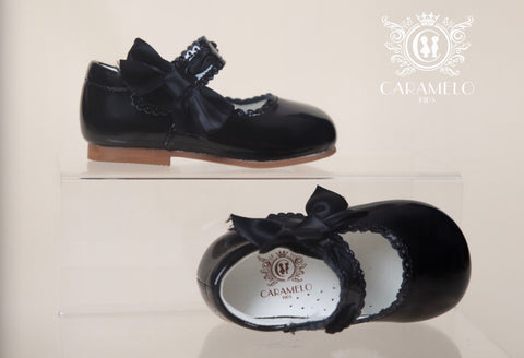 caramelo kids black patent side bow leather hard sole shoes 