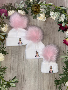 Flopsy Bunny luxury Faux Fur single  Pom Hat white /pink pom