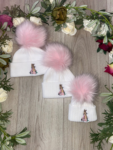 Flopsy Bunny luxury Faux Fur single  Pom Hat white /pink pom