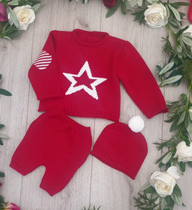 Unisex Baby Knitted Three Piece Outfit - Red