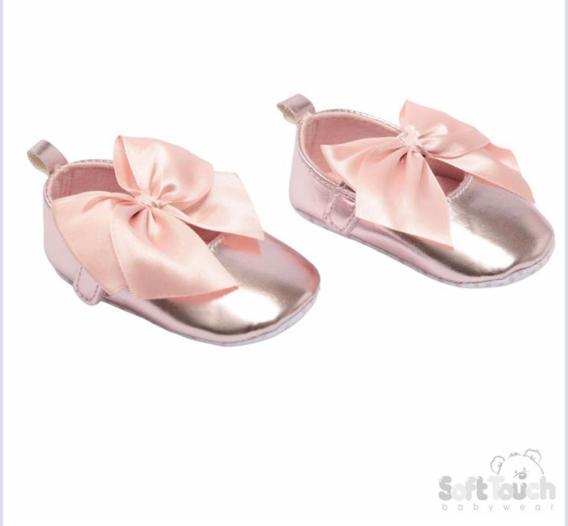 pink satin soft sole large bow shoes pram shoes 