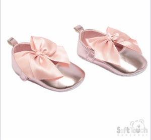 pink satin soft sole large bow shoes pram shoes 