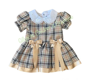 beige burburry checked style dress bows peter pan frilly collar gillytots 