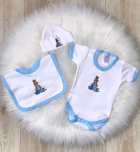 Baby boys Beatrix potter peter rabbit all in one vest ,Bib & Hat all embroidered 3 piece set