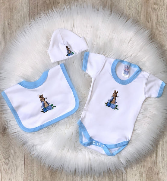 Baby Boys Beatrix Potter Peter Rabbit All in One Vest, Bib & Hat Embroidered Set