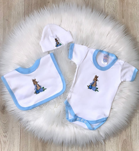 Baby boys Beatrix potter peter rabbit all in one vest ,Bib & Hat all embroidered 3 piece set