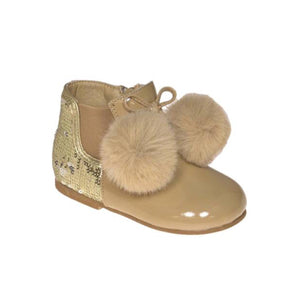 couche tot girls pom pom shoe boots camel shimmer chalie fur boots