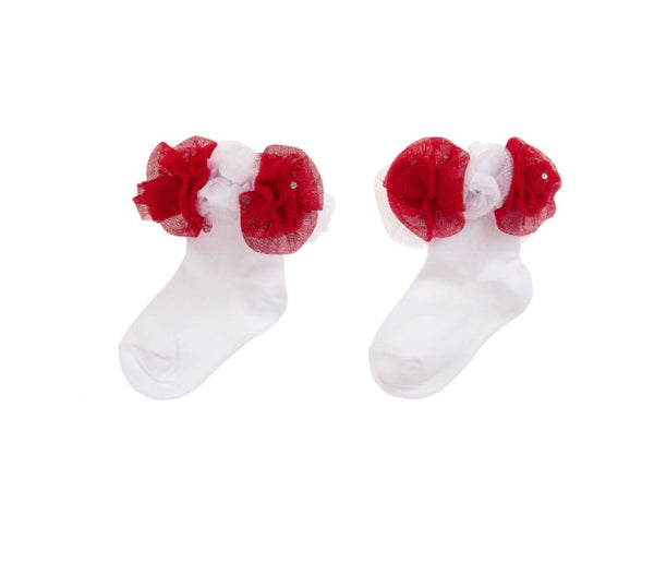 Beau Kid Red White Rose Bud Tutu Socks With Gems