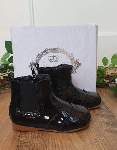 couche tot boys black reese boots shoes patent hard sole short boxed gillytots