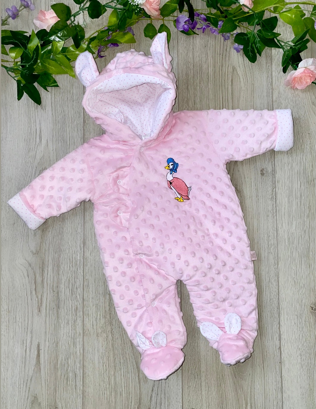 jemima puddleduck all in one winter snowsuit duck beatrix potter peter rabbit pink winter suit gillytots 