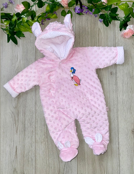 jemima puddleduck all in one winter snowsuit duck beatrix potter peter rabbit pink winter suit gillytots 