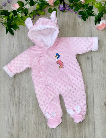 jemima puddleduck all in one winter snowsuit duck beatrix potter peter rabbit pink winter suit gillytots 