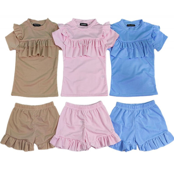 girls summer pink top and shorts set frilly top frilly shorts 