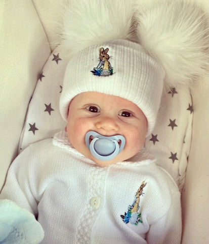 Peter Rabbit luxury Faux fur Double Pom Pom Hat white/white poms