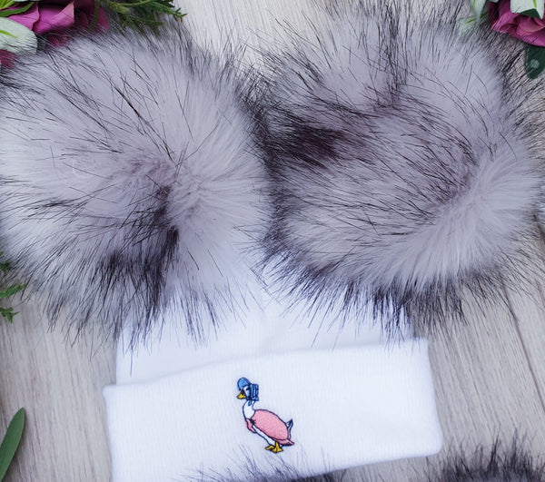 Jemima Puddleduck luxury  faux Fur Double  pom Hat - white/Grey