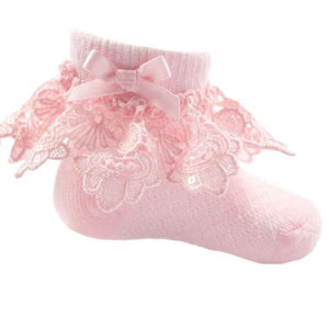 Pink Ankle Socks with Flower Lace and Bow