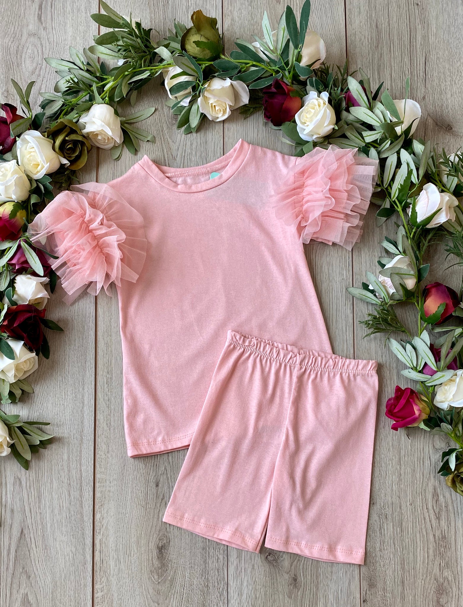 pink puffball sleeve girls top and shorts set 