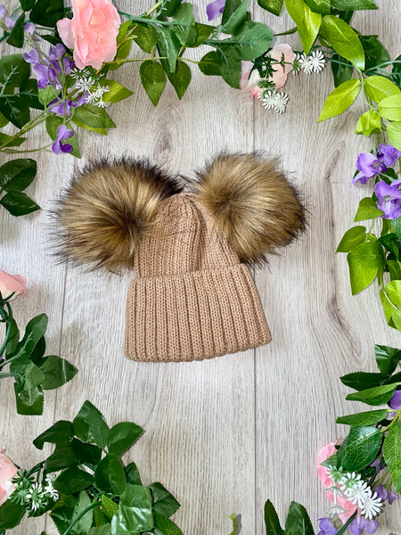 Faux Fur Double Pom Pom Knitted Hat