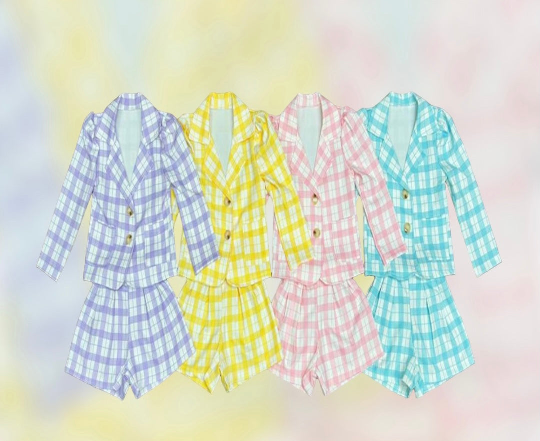 colour blazer short set jacket lilac mint pink lemon yellow coat set shorts 