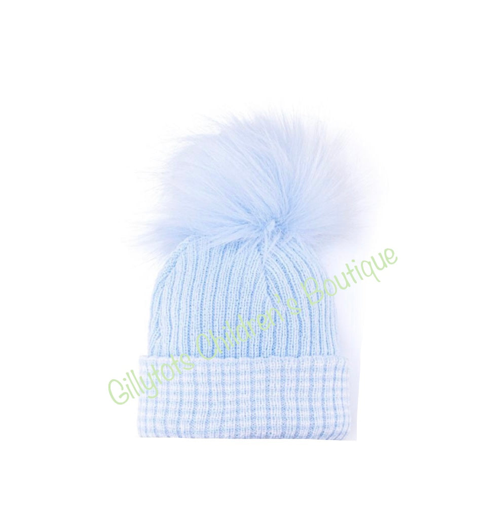 baby blue single faux fur pom hat newbron baby blue pom pom 