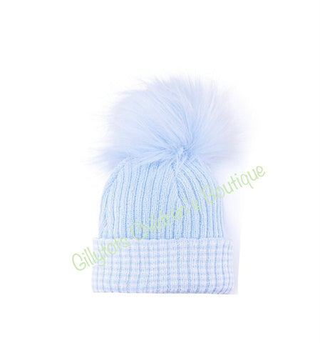 baby blue single faux fur pom hat newbron baby blue pom pom 