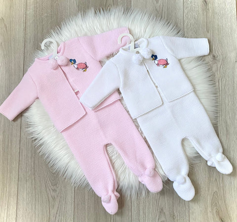 jemima puddleduck knitted pom pom outfit beatrix potter peter rabbit baby clothes dandelion jemimia duck knitted knit wear pom pom gillytots 