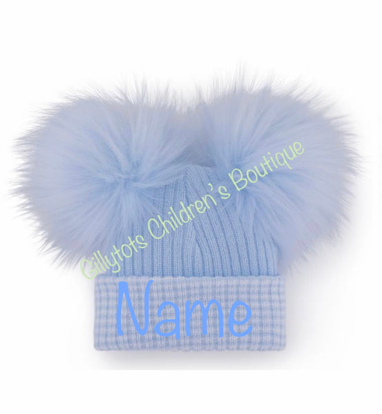 Baby Boys  blue/blue trim First Size luxury Faux Fur Double Pom Hat