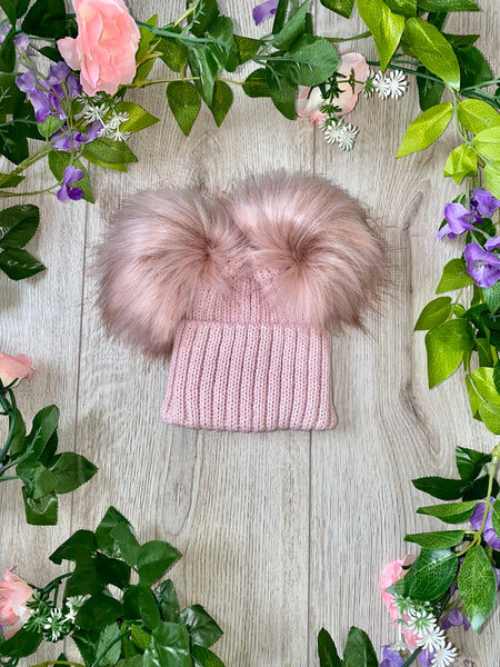 Luxury Faux Fur Double Pom Pom Knitted Hat