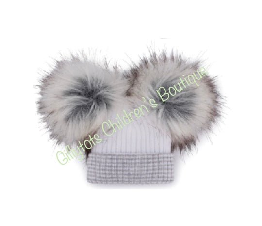 Baby Unisex luxury faux fur double Pom Pom Hat white/grey trim